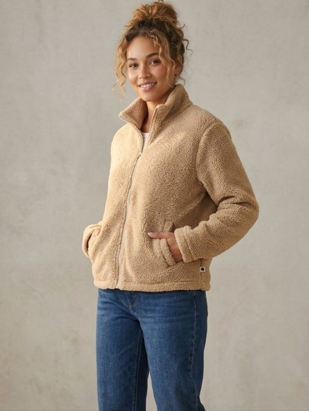 Lucky Brand Plush Teddy Bear Sherpa Fleece Full Zip Jacket Tan Beige S